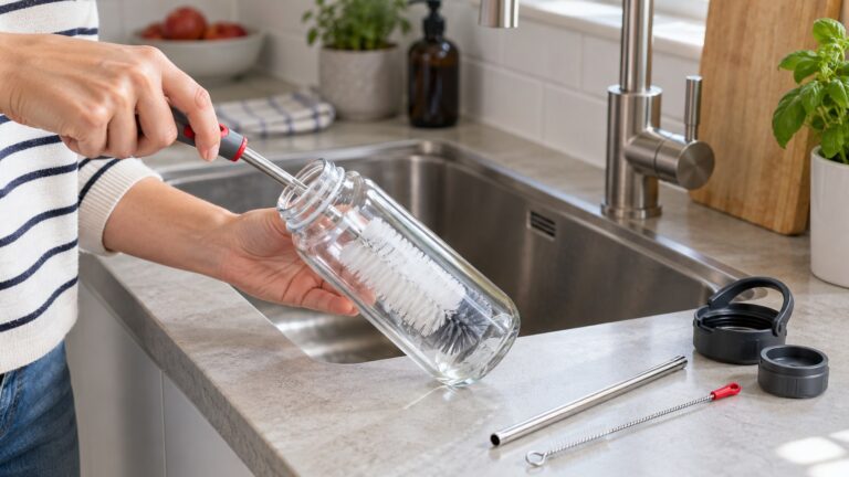 Eine Trinkflasche wird mit einer langen Bürste gereinigt; daneben liegen Strohhalm und Deckelteile – KI-Symbolbild